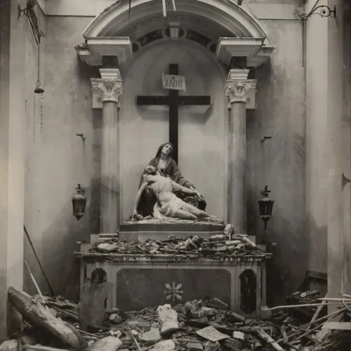 Picture of Jesus taken dow from the cross in a dilapidated room.