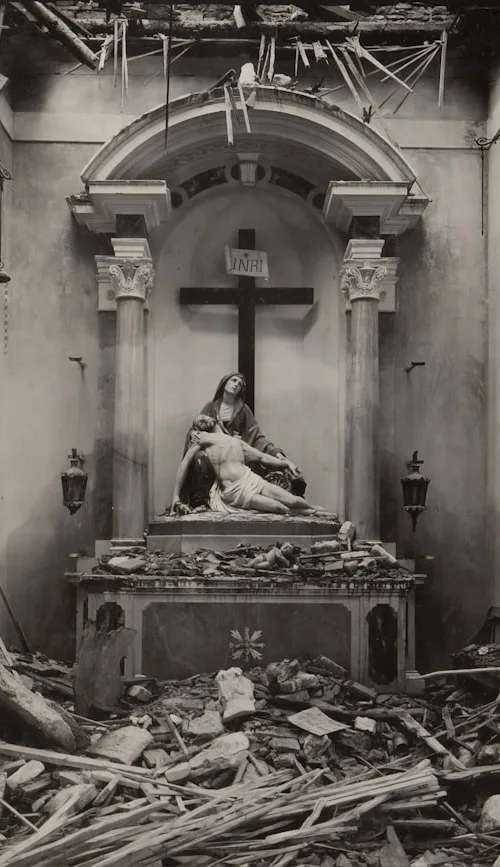 Picture of Jesus taken dow from the cross in a dilapidated room.