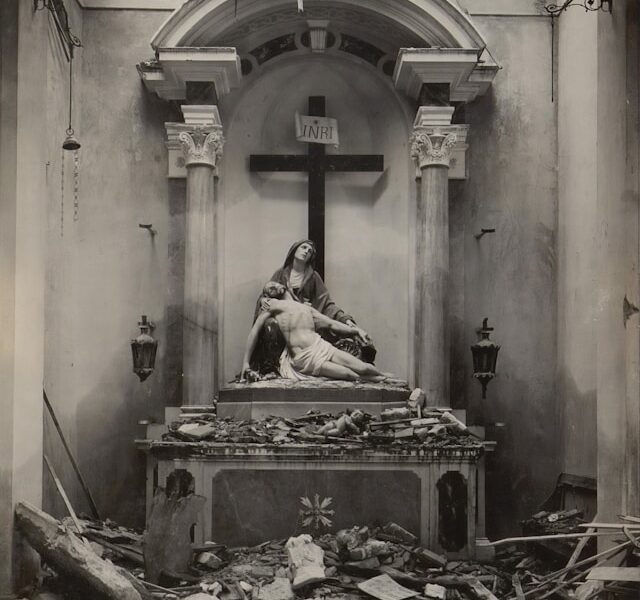 Picture of Jesus taken dow from the cross in a dilapidated room.