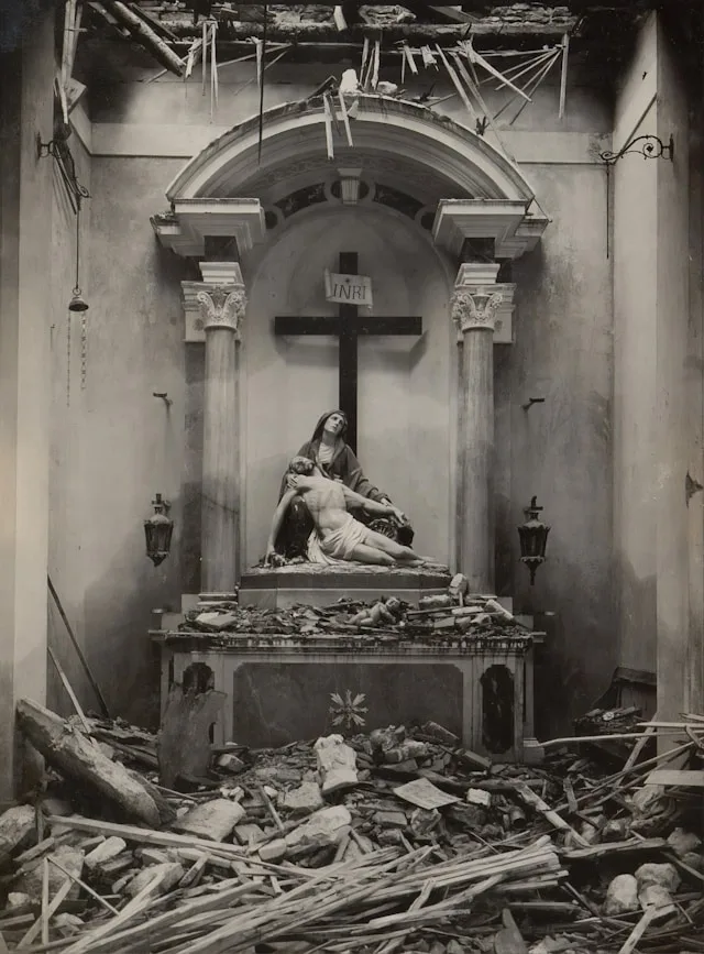 Picture of Jesus taken dow from the cross in a dilapidated room.